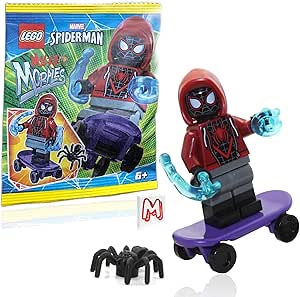 LEGO Marvel Superhero Spider-Man Across the Spider-Verse Minifigure - Miles Morales Minifigure with Skateboard, Spider, Cool Web Blast, and Minifigure Land Tiles 76178