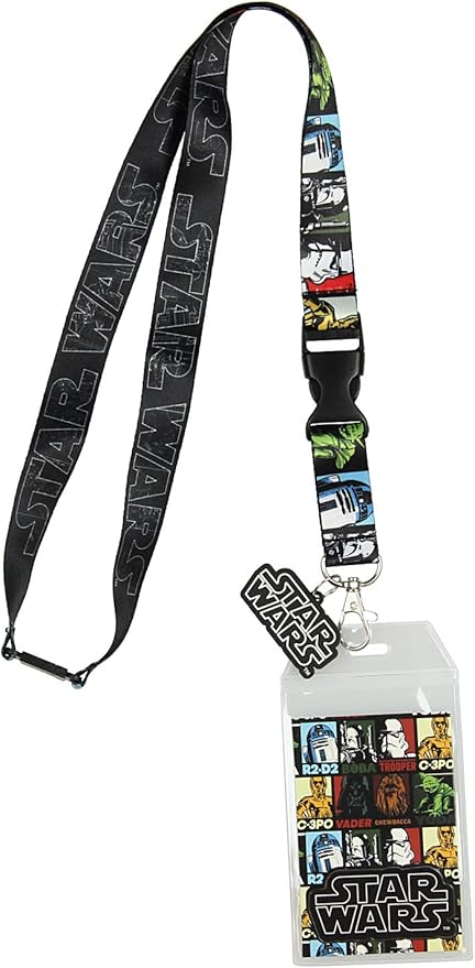 STAR WARS Multiple Letters Double Sided Lanyard Keychain ID Holder with Charm, Collectible Sticker