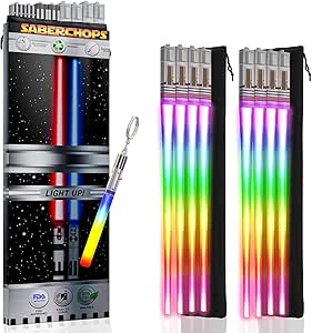 LIGHTSABER CHOPSTICKS LIGHT UP STAR WARS CHOPSTICK LED Glowing Lightsaber Chopsticks Reusable Sushi Saber Cool Fun Otako Star Wars Chopsticks Set 4 Pairs | Free Keychain Soft Carry Pouch | Gift Box