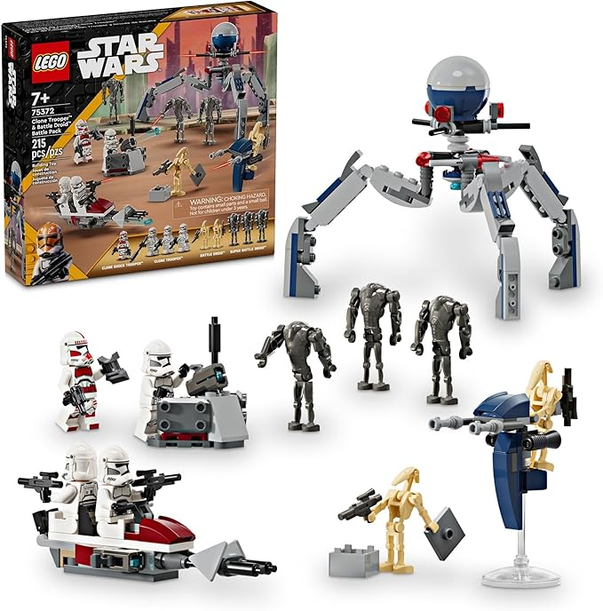 LEGO Star Wars Clone Trooper & Battle Droid Battle Pack Set for Kids Buildable Toy Speeder Bike Vehicle Tridroid Defensive Post Collectible Goods Gift for Boys and Girls Ages 7 and Up 75372