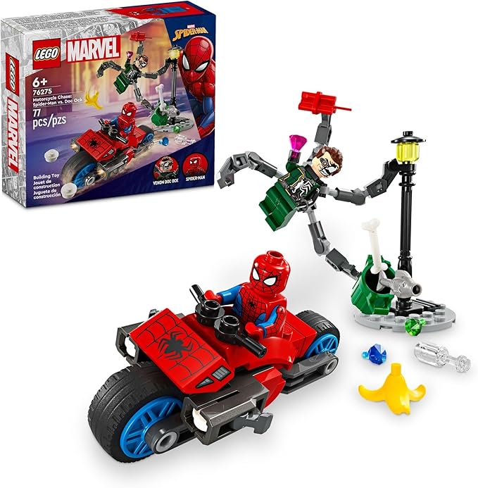 LEGO Marvel Bike Chase: Spider-Man vs. Doc Ock Building Toy with Stud Shooter and Web Blaster, 2 Marvel Minifigures, Superhero Toy, Gift for Boys and Girls Ages 6 and Up 76275