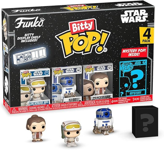 Funko Bitty Pop! Star Wars - Luke Skywalker (Hoth), R2-D2, Chewbacca, & Surprise Mystery Figures - 2.2cm Collectible - Includes Stackable Display Shelf - Gift Idea - Cake Topper